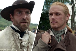 Slanted side-by-side of Daniel Morgan (Barry O'Connor) and Jamie (Sam Heughan) in Outlander Season 7 Episode 6