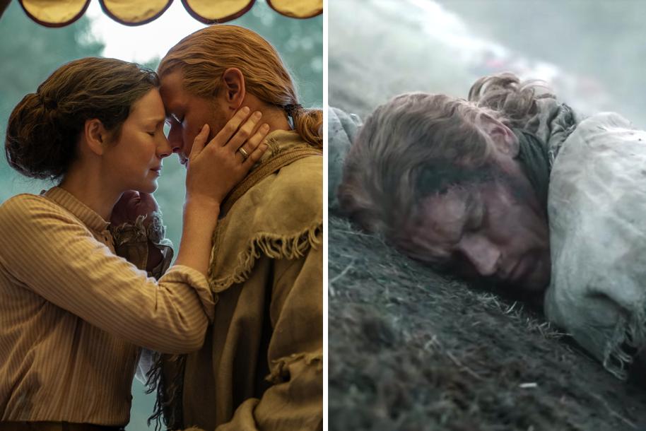 Jamie and Claire embracing next to Jamie looking dead on the battlefield in 'Outlander'