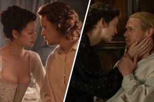 Slanted side-by-side of Claire and Jamie in Season 1 and Season 7