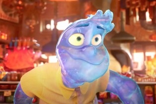 A still from Pixar's Elemental, showing an animated ice glob smiling.