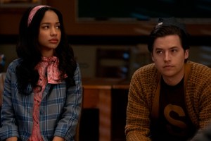 Riverdale -- “Chapter One Hundred Thirty-Six: The Golden Age of Television” -- Image Number: RVD719a_0285r1 -- Pictured (L - R): Erinn Westbrook as Tabitha Tate and Cole Sprouse as Jughead Jones -- Photo: Colin Bentley/The CW -- © 2023 The CW Network, LLC. All Rights Reserved.