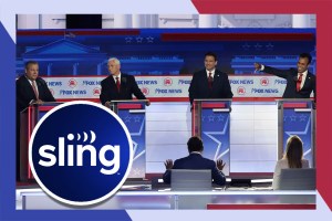 Chris Christie, Mike Pence, Ron DeSantis, Vivek Ramaswamy at GOP Debate with Sling Logo and Border