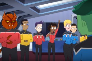 L-R Eugene Cordero as Ensign Rutherford, Jack Quaid as Ensign Brad Boimler, Tany Newsome as Ensign Beckett Mariner, Gabrielle Ruiz as T'Lyn and Carl Tart as Lieutenant Kayhon appearing in episode 1, season 4 of Lower Decks streaming on Paramount+, 2023. Photo Credit: Paramount+