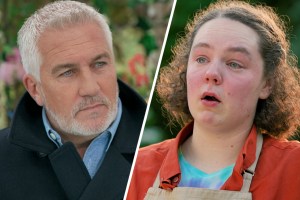 Side-by-side of Paul Hollywood looking mean and Abbi crying on 'The Great British Baking Show'