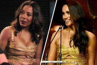 Side-by-side of Karen Pittman wearing Johanna Ortiz's Ideal Universe dress on 'The Morning Show' Season 3 Episode 7 and Meghan Markle wearing the same gold dress in NYC on May 16, 2023