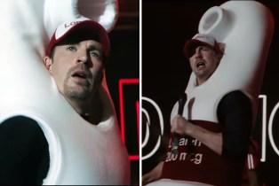 Chris Evans in a pill capsule costume rapping in the Netflix movie Pain Hustlers