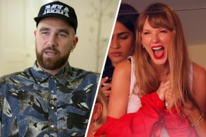 Slanted side-by-side of Travis Kelce in 'Kelce' and Taylor Swift at a Kansas City Chiefs game