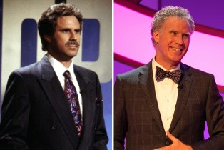 Will Ferrell as Alex Trebek on SNL next to a still of Will Ferrell in Quiz Lady