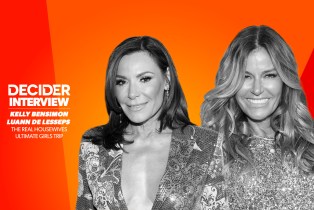 Kelly Bensimon & Luann de Lesseps in black and white on a bright orange background