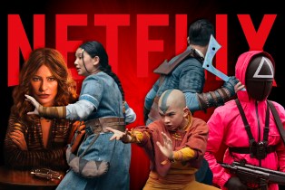 Netflix 2024 TV Preview art with 'Griselda,' 'Avatar: The Last Airbender' and 'Squid Game' represented in front of the Netflix logo