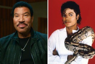 A side by side image of Lionel Richie and Michael Jackson holding a giant snake