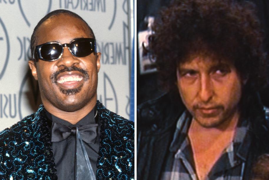 A side by side of Stevie Wonder and Bob Dylan in 1985