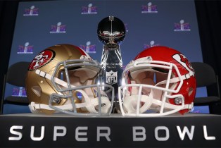 A general view of the Vince Lombardi Trophy with the Kansas City Chiefs helmets