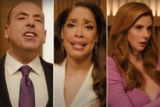 Rick Hoffman, Gna Torres, and Sarah Rafferty in the e.l.f. Cosmetics 2024 Super Bowl commercial