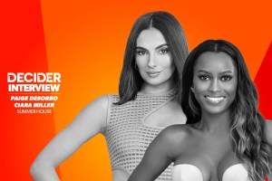 Paige DeSorbo and Ciara Miller in black and white on a bright orange background