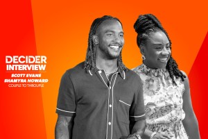 Scott Evans and Shamyra Howard in black and white on a bright orange background