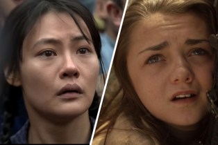 Slanted side-by-side of Ye Wenjie (Zine Tsang) and Arya Stark (Maisie Williams) watching their fathers' deaths in '3 Body Problem' and 'GoT' respectively
