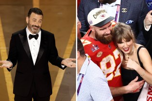 Jimmy Kimmel at the 2023 Oscars; Travis Kelce and Taylor Swift at the 2024 Super Bowl