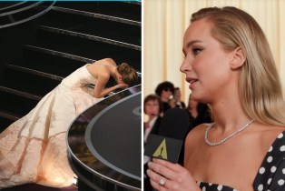 Jennifer Lawrence falling at the 2013 Oscars; Jennifer Lawrence being interviewed on the 2024 Oscars red carpet