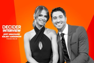 JOEY GRAZIADEI AND KELSEY ANDERSON in black and white on a bright orange background
