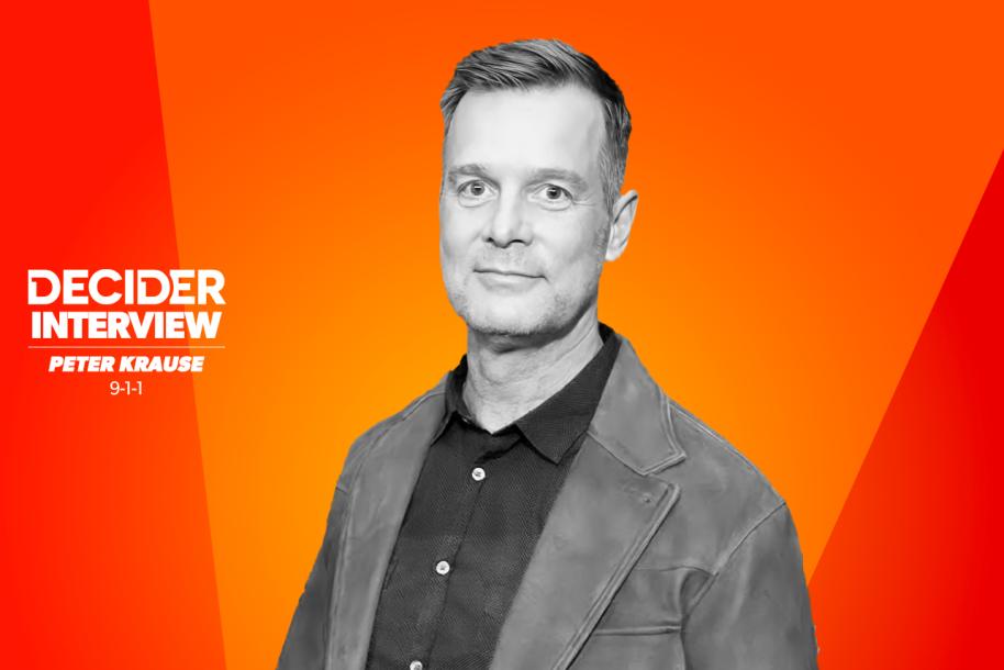 PETER KRAUSE in black and white on a bright orange background