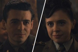 Slanted side-by-side of Crosby (Anthony Boyle) and Sandra (Bel Powley) in 'Masters of the Air'