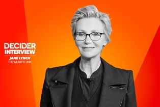 Jane Lynch in black and white on a bright orange background