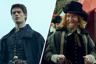 Slanted side-by-side of George (Nicholas Galitzine) and King James (Tony Curran) in 'Mary & George' Episode 4
