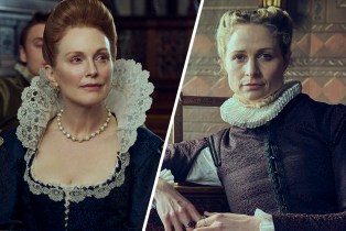Slanted side-by-side of Julianne Moore and Niamh Algar in 'Mary & George'