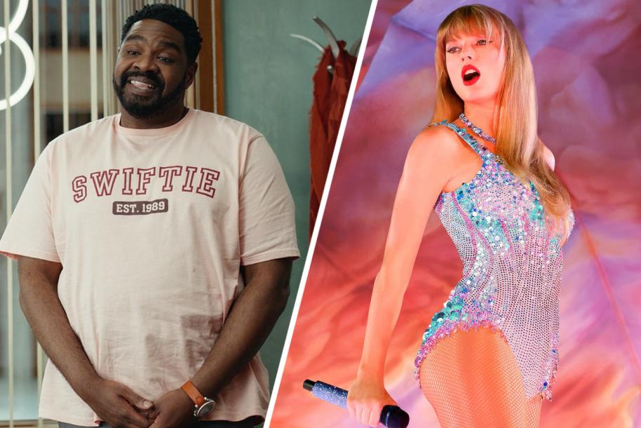 Ron Funches' Howard wearing a pale pink "Swiftie" shirt; Taylor Swift performing at the Eras Tour