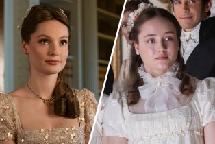 Slanted side-by-sides of Hannah Dodd and Ruby Stokes as Francesca in 'Bridgerton' Seasons 3 and 2