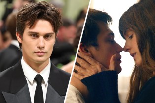 Slanted side-by-side of Nicholas Galitzine at the Met Gala and being romantic with Anne Hathaway in 'The Idea of You'