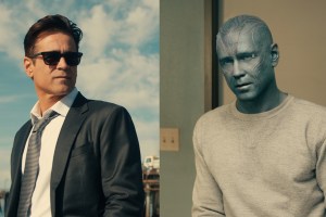 Colin Farrell in 'Sugar' and Colin Farrell as a blue alien in 'Sugar'