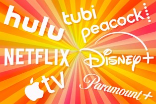 The words Hulu, Tubi, Peacock, Netflix, Disney+, Apple TV, and Paramount+ in white on a red, orange, and yellow background