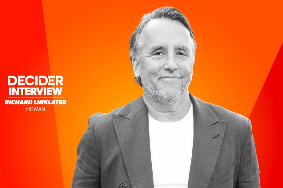 Richard Linklater in black and white on a bright orange background