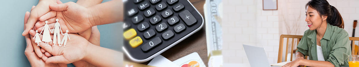 Woman looking at laptop, dollar bill, calculator, hands holding family grawing