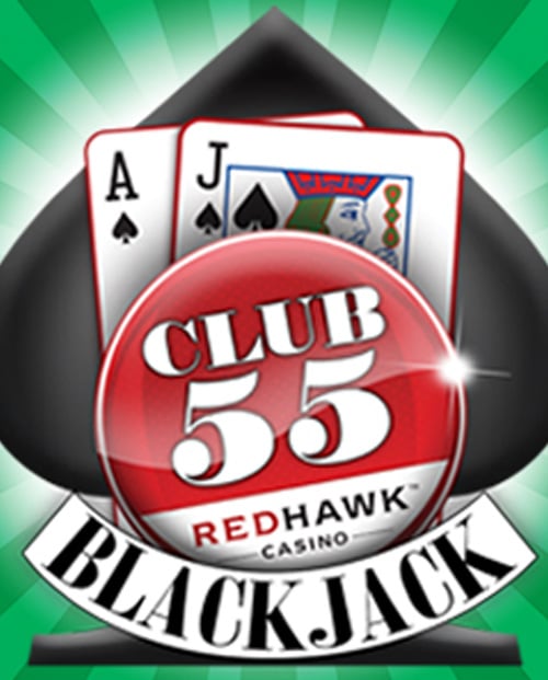 Club Blackjack logo - spade shape with Ace and Jack of spaces overtop with Club 55 text