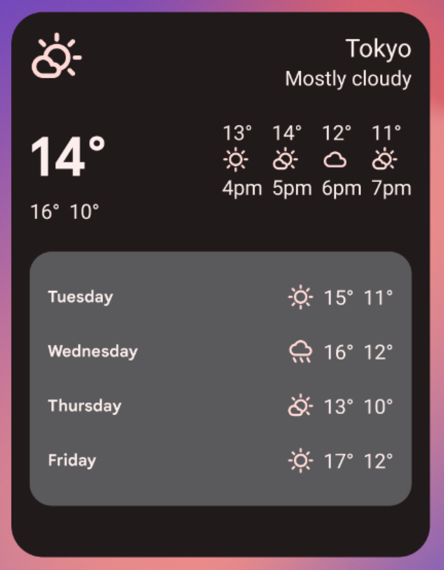 Exemple de widget météo en taille &quot;L&quot; 5 x 4 la taille de l&#39;image. Redimensionner le widget
            de cette façon, s&#39;appuie sur toutes les interfaces
des tailles de widget précédentes,
            et ajoute les jeudis et vendredis (et leurs symboles correspondants)
            indiquant le type de météo ainsi que les températures maximale et basse
            pour chaque jour).