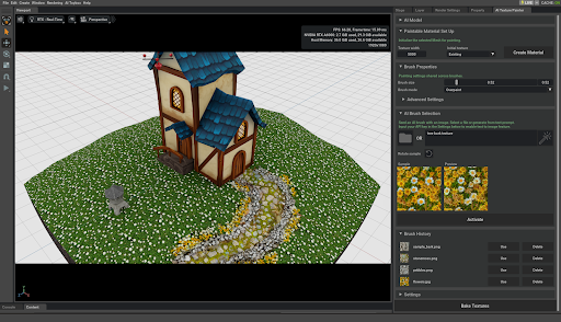 Painting a winding path in a fantasy house garden using the AI Texture Painting Omniverse extension.