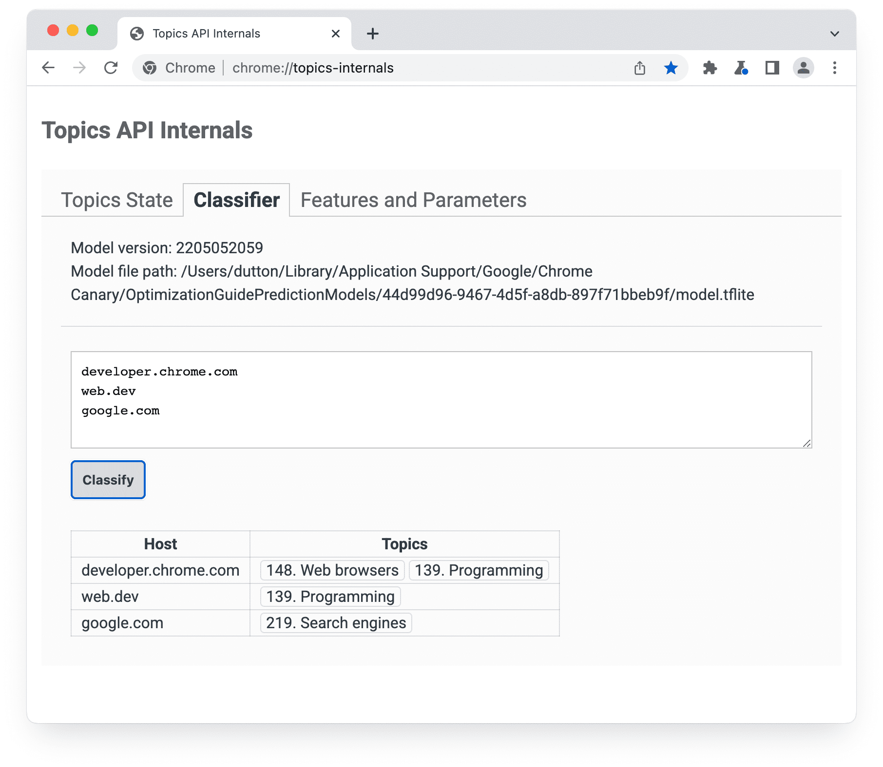 Page chrome://topics-internals avec le panneau de classification sélectionné.