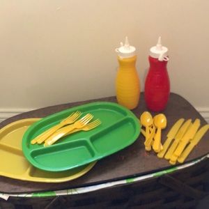 Vintage Picnic Set - Plates, Cutlery, Condiment Holders - 1980s