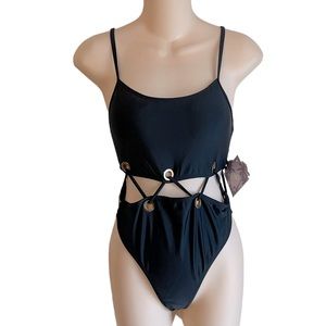 NWT YMI Black Sexy One Piece Grommet String Swimsuit size S