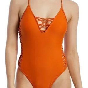 YMI Brand NWOT Women's Large CrissCross Knot Accent One Piece Swimsuit Orange