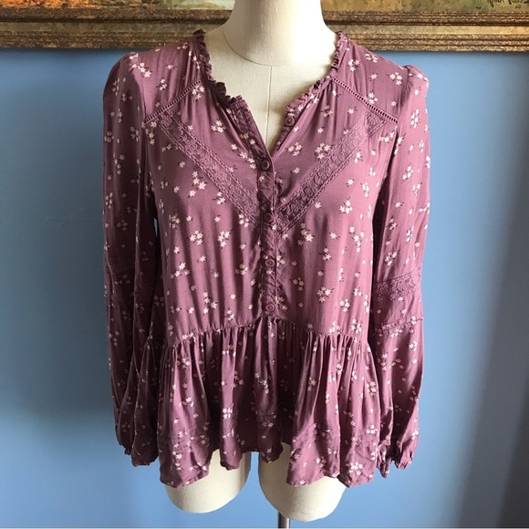 American Eagle mauve oversized layered asymmetric long sleeves top - Picture 1 of 14