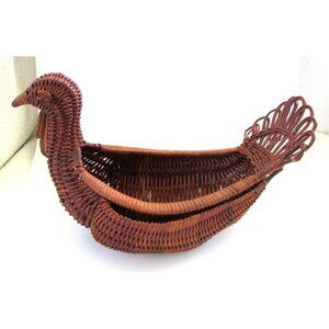 Vintage Turkey Dark Wicker Rattan Basket - Thanksgiving/Fall/Autumn Decor Bowl 