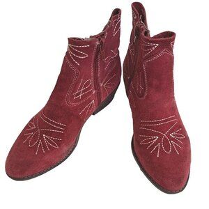 Lucky Brand Women's 5.5 Red Suede Embroidered Ankle Boots "Floriniah" Bootie