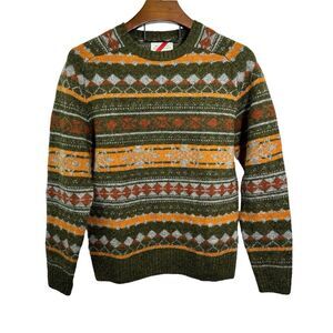 BEST MADE CO Sweater Men's Green Orange Striped Wool Crewneck Knit Fisherman Med