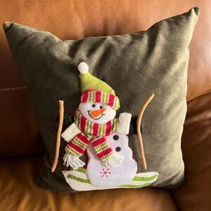 Square olive green Snowman handmade Christmas pillow