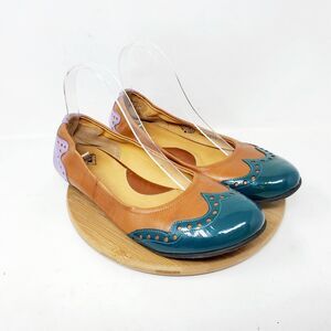 John Fluevog Arabella Shoes Women 10.5 Ballet Flat Brown Blue Wingtip Rockabilly