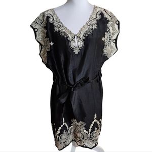 Anthropologie Yoana Baraschi Black Silk Mini Shift Dress Sz XL? Beige Lace Inset